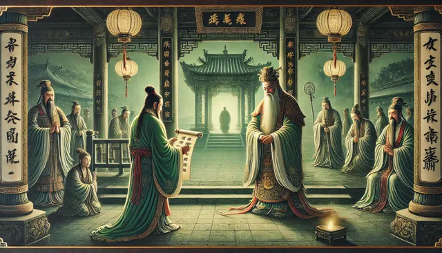 DALL·E 2024-09-22 07.12.24 - A detailed Chinese painting in Qing green landscape and gongbi style, showing a local Chenghuang (city god) reporting to the Underworld King about a p.webp