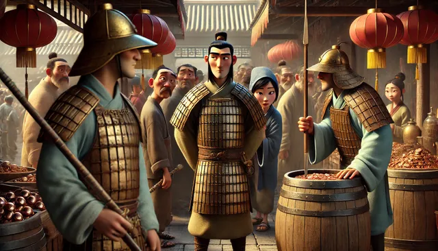 DALL·E 2024-09-05 04.39.12 - A highly detailed 3D image in Pixar animation style, set in ancient China. The scene shows ancient Chinese soldiers patrolling the marketplace, statio.webp