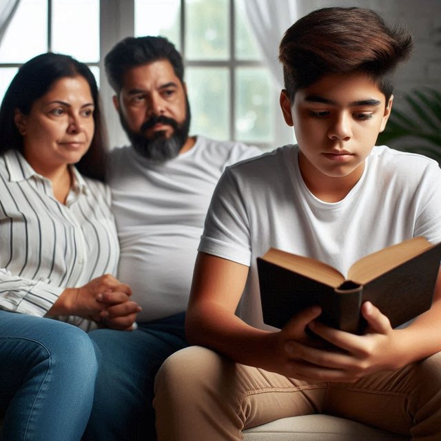Un joven moreno, de 12 años, de porte latino, camisa blanca, pantalon de kaki, leyendo un libro mien.jpeg