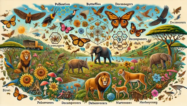 DALL·E 2024-07-11 20.57.21 - A vibrant illustration showing the interconnected roles of wild animals in an ecosystem. The image should include various animals like bees, butterfli.webp