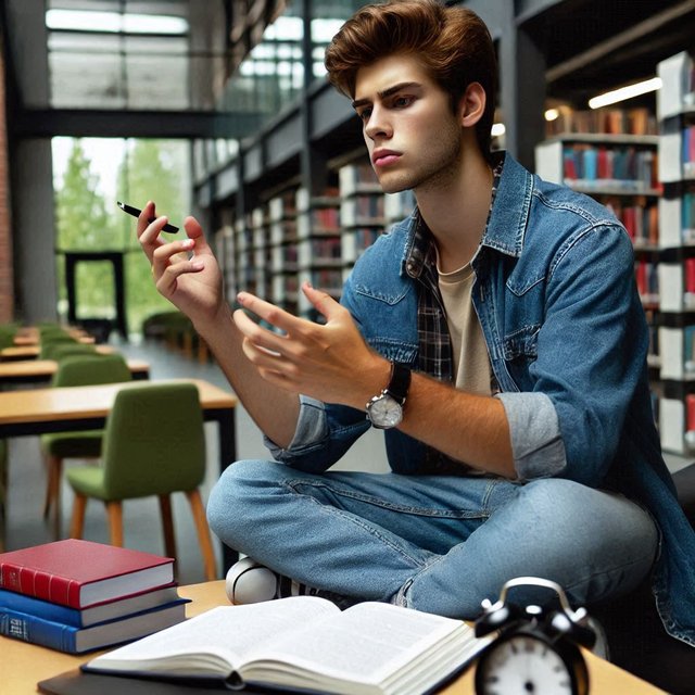 A 20-year-old boy sitting in a library, passionate about life and experienced.png