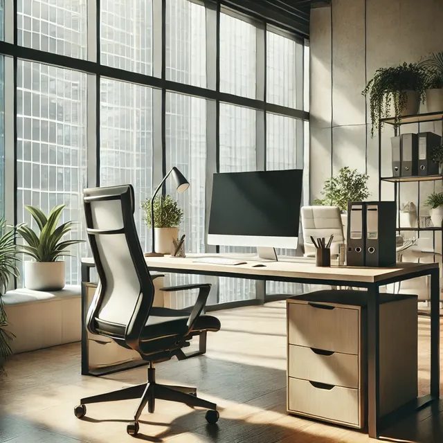 DALL·E 2024-10-10 13.05.06 - A modern office workspace designed for better focus and productivity. It features an ergonomic chair, a clean and organized desk with minimal clutter,.webp