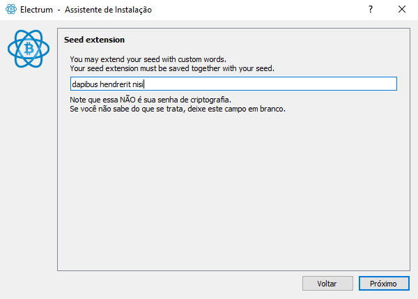 Figura 1.2.8 — Nessa janela colocamos o nosso trecho personalizado da semente, ao finalizar, clica em próximo.