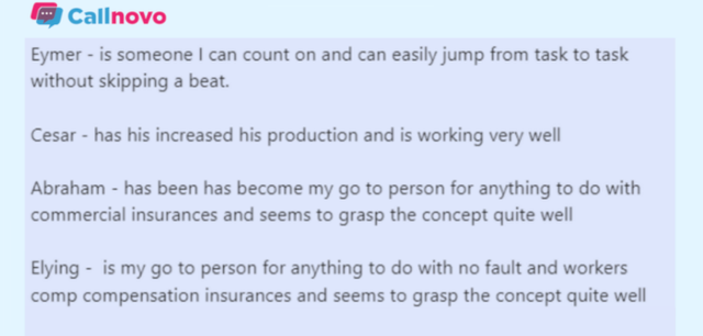 Client feedback on Callnovo English support team members, emphasizing Eymer’s multitasking skills, Cesar’s improved productivity, and Abraham and Elying’s insurance expertise.