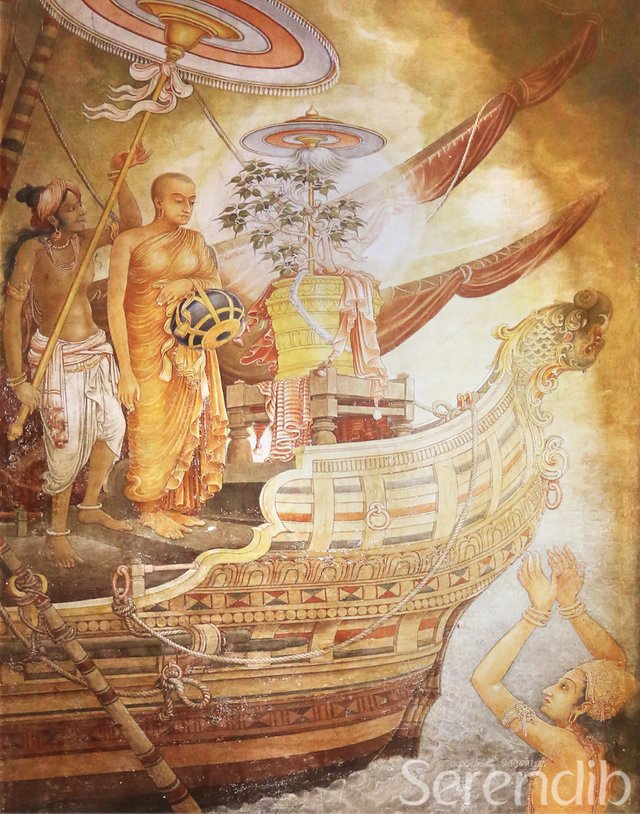The sacred Bo Sapling being brought to Sri Lanka by Sangamitta Theri (Painting at the Kelaniya Raja Maha Viharaya).jpg