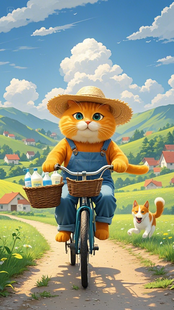 An anthropomorphic orange cat rides a bicycle on a dirt path in a serene countryside. Dressed in blue overalls and a straw hat, the cat carries bottles of milk in a basket attached to the bicycle. The rolling green hills, scattered h.png