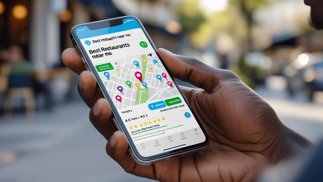 A realistic close-up photo of a person's hand holding a modern smartphone outdoors. The phone screen clearly displays a mobile search result for _best restaurants near me_ with visible star ratings (like 4.5 stars).jpg