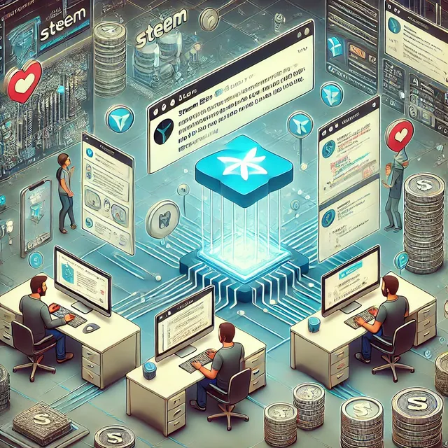 DALL·E 2024-07-22 06.01.35 - A detailed illustration of a social media app similar to Twitter being built on the Steem blockchain. The image shows developers working on computers,.webp