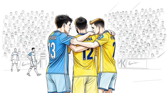 Hand-drawn sketch depicting Hellas Verona players in yellow and blue jerseys embracing after the first half of an indoor seven-a-side soccer match in a crowded arena. Rough lines, texture.jpg