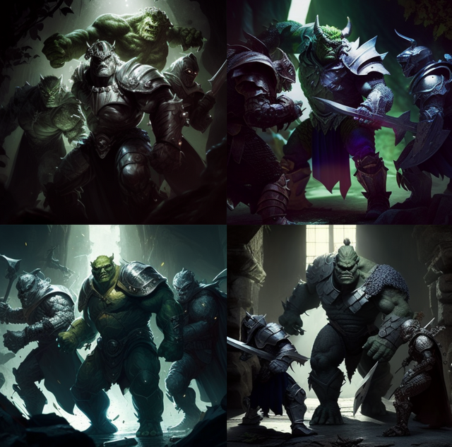 a dark image of 3 knights in silver armor fighting a huge troll similiar to the Hulk.png