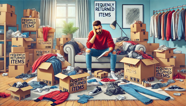 A frustrated customer surrounded by returned clothing packages labeled ‘Frequently Returned Items,’ emphasizing the importance of strategies to reduce Amazon return rates