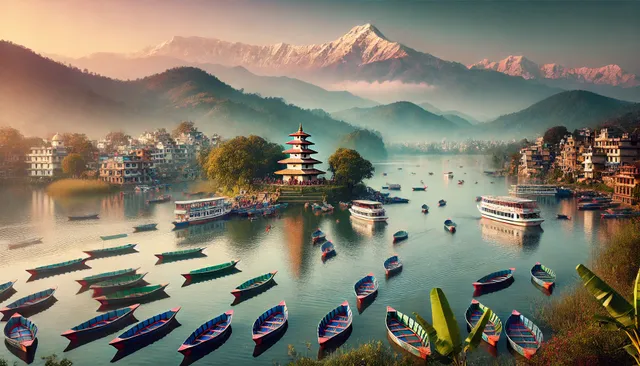 DALL·E 2024-08-08 06.10.12 - A scenic view of Pokhara, Nepal, featuring the serene Phewa Lake with colorful boats, the iconic World Peace Pagoda on a hill, and the Annapurna mount.webp