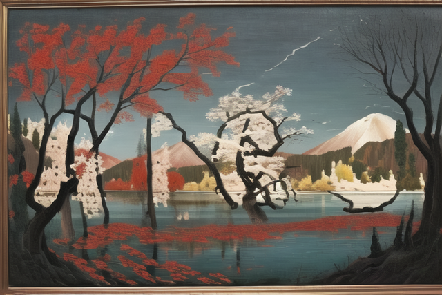 00018-1729810391-a painting of a lake with trees and water in the background with a sky line in the background and a few red berries on the branc.png