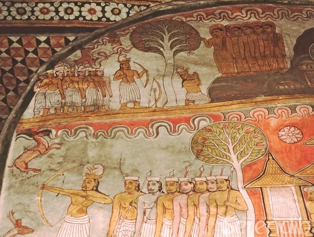 An ancient painting of the meeting of Arahant Mahinda and King Devanampiyatissa in Mihintale (Painting in the Dambulla Cave Temple).jpg