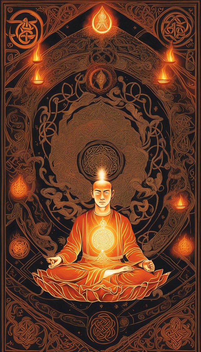 The picture shows a meditating figure in the lotus position, surrounded by Celtic patterns and luminous symbols. A hand points to a mystical symbol surrounded by flames above the figure's head. The composition could re.jpg