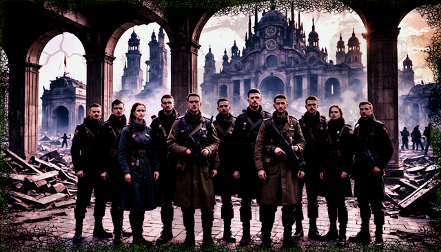 Groups of pilgrims led by quirky guides in a post-apocalyptic setting..png