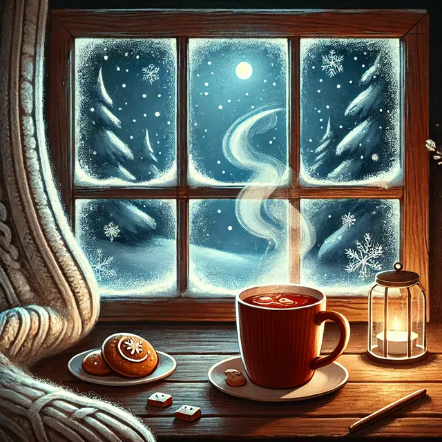 DALL·E 2024-12-22 11.46.22 - A cozy winter-themed illustration showing a warm cup of tea with steam rising, placed on a wooden table by a frosted window. Outside the window, snow .webp