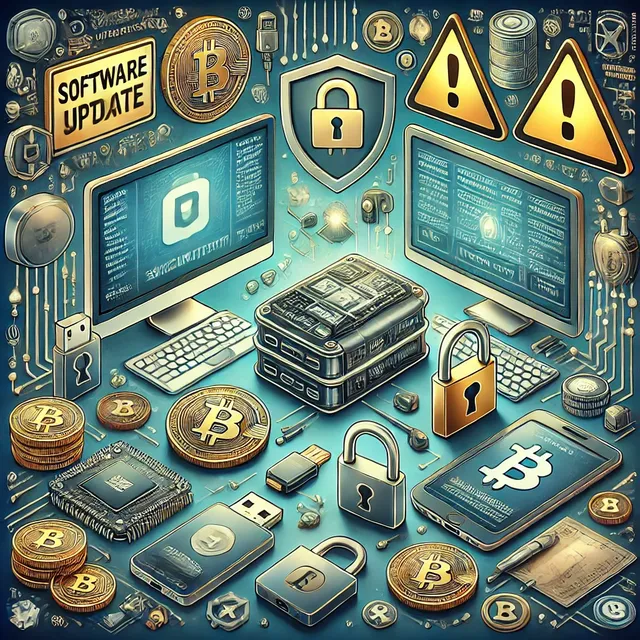 DALL·E 2024-11-03 13.37.30 - A comprehensive digital illustration depicting cryptocurrency security. Central to the image is a hardware wallet, symbolizing secure storage. Surroun.webp