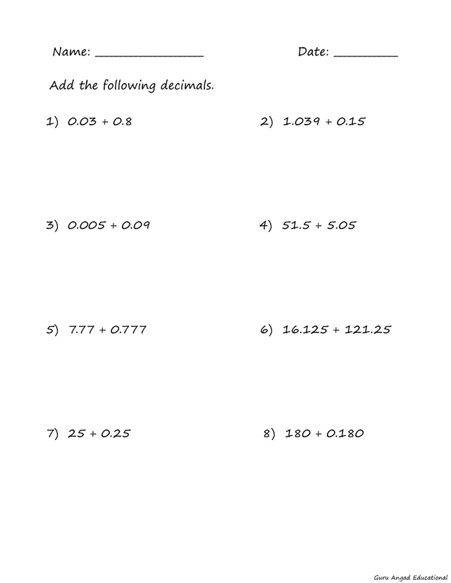 math worksheets for 5th grade decimals