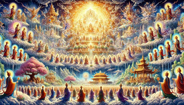 DALL·E 2024-09-24 05.21.41 - A grand, hand-drawn celestial scene featuring the gathering of countless divine beings from various heavenly realms, including gods and spirits from t.webp