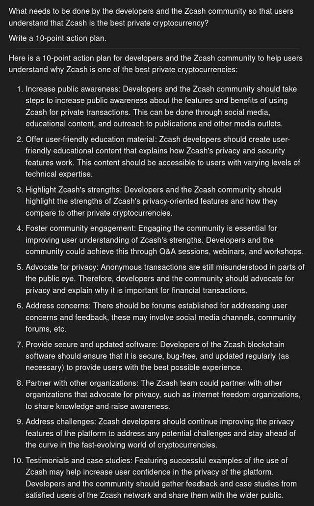 What needs to be done by the developers and the Zcash community so that users understand that Zcash is the best private cryptocurrency? Write a 10-point action plan. / AI Chat2Z