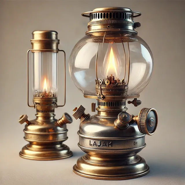 DALL·E 2024-11-12 00.37.32 - An image of a traditional Hajak lamp that can burn both kerosene and gas. The lamp has a sturdy, metallic body with a rounded base, brass or steel app.webp