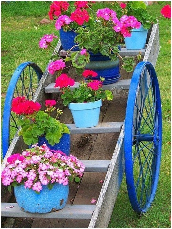 garden-junk-ideas-flower-pots-old-ladder-wood-blue-paint-wheels.jpg