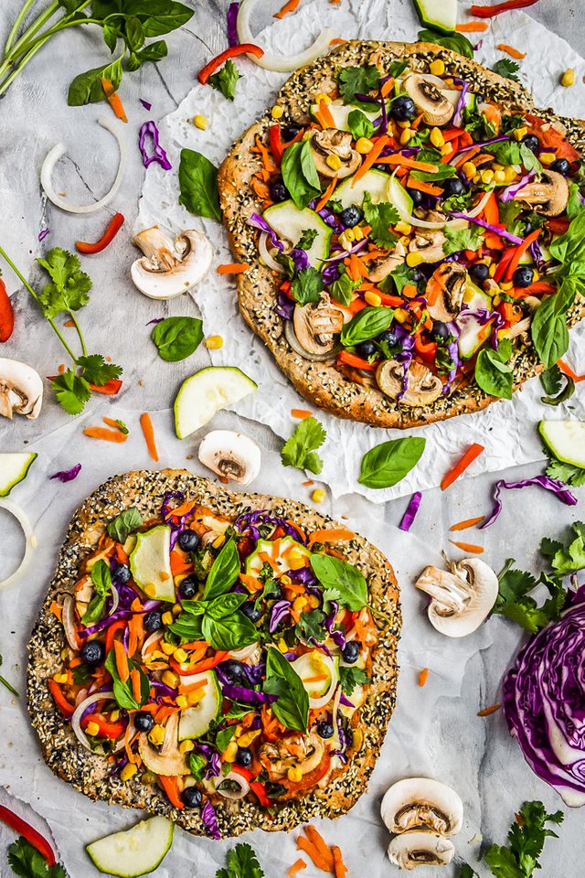 Rainbow Veggie Hummus Pizza & Everything Bagel Crust (Vegan)#pizza.jpg