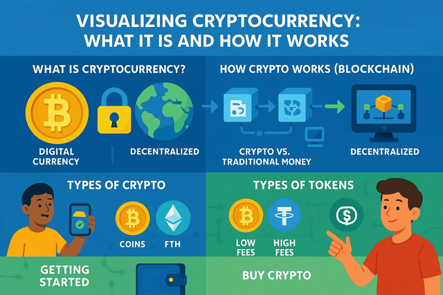 Infographic summarizing the blog post on cryptocurrency basics. Key sections include blockchain technology, crypto vs. traditional money, and buying steps. Features clean icons, comparison charts, and simple character illustrations