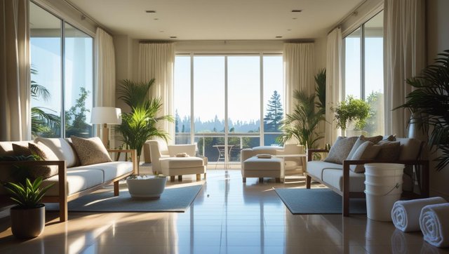 _A modern Bay Area home or mid-rise building with furniture and plants moved away from the windows, curtains tied back, and notes posted for cleaners. Show a bright, tidy space ready for professional service. Inclu.jpg