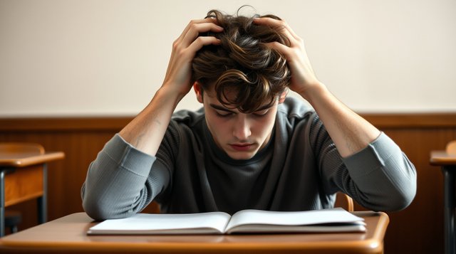 A 25-year-old man sits sadly at a school desk, hands in hair, gentle soft light, natural earth tones, browns, beiges, muted colors, diffused shadows, subtle illumination.jpg