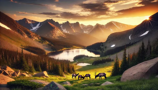 DALL·E 2024-12-16 09.07.48 - A stunning view of Rocky Mountain National Park at sunrise, with jagged mountain peaks, a serene alpine lake reflecting the golden sky, and a herd of .webp