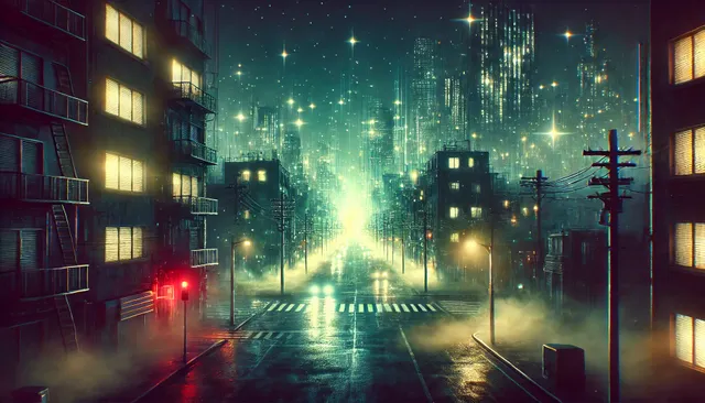 DALL·E 2024-11-22 22.26.26 - A surreal nighttime cityscape where the city is eerily silent. The streets are empty, bathed in the glow of flashing neon lights that flicker without .webp