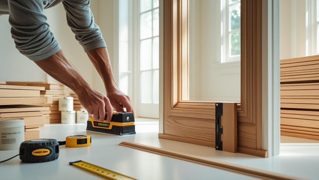 Close-up of hands installing decorative wood trim on a doorway or wall inside a bright, newly renovated home. Tools like a measuring tape, level, or finish nailer on a clean work surface. Background shows neatl (1).jpg