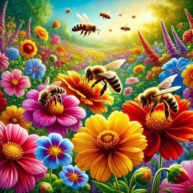 DALL·E 2024-07-24 04.56.55 - A vibrant garden scene showcasing a variety of colorful flowers with bees buzzing around. The flowers are in full bloom, displaying an array of colors.webp