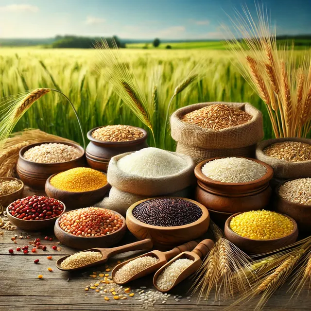 DALL·E 2024-08-03 21.04.56 - A vibrant and inviting scene featuring a variety of organic grains such as wheat, rice, oats, barley, quinoa, and millet. The grains are displayed in .webp