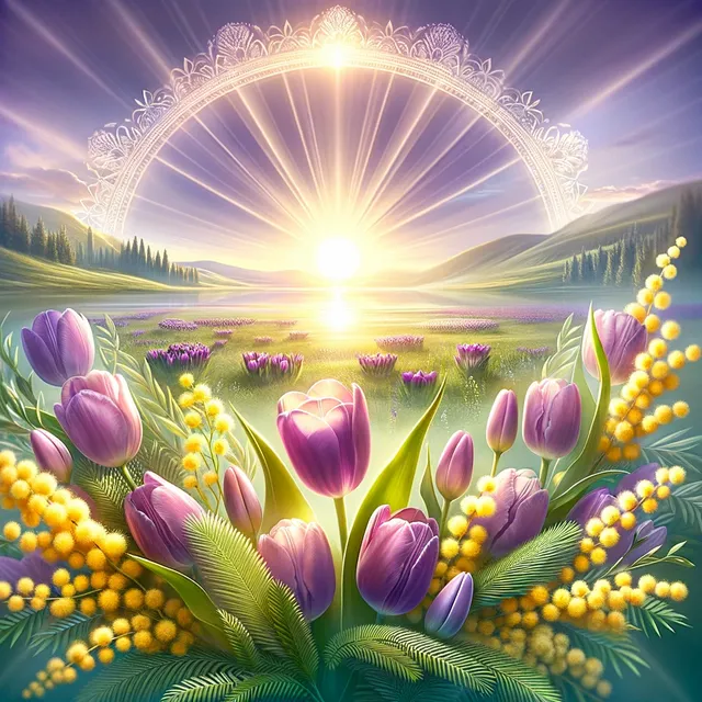 DALL·E 2024-03-08 10.44.19 - An elegant, symbolic representation of International Women's Day, celebrated on March 8. The image includes a bright, radiant sun rising behind a sere.webp