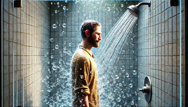 DALL·E 2024-09-07 12.29.50 - A highly detailed 3D image in Pixar animation style. The scene shows a man standing alone in the shower, fully clothed, with water cascading over him.webp