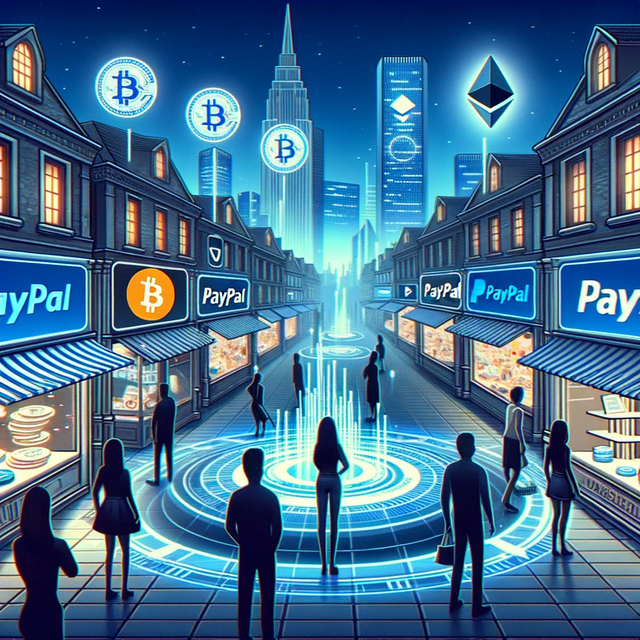 www.consulting24.oc - Illustration of a modern, virtual marketplace with various digital stalls displaying PayPal signage and cryptocurrency symbols like Bitcoin and Ethere.png