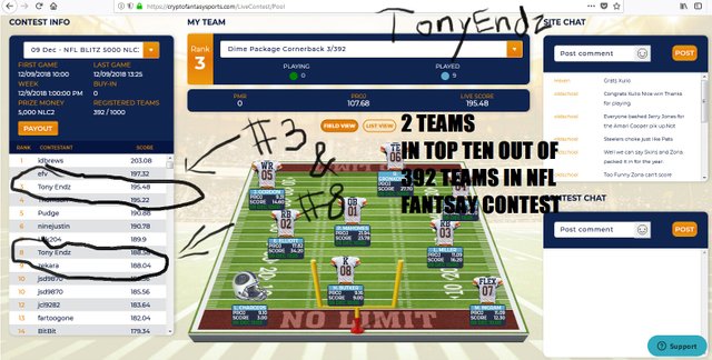 Tony Endz 2 Top Ten Teams out of 392 NFL cryptofantasysports contest dec92018.jpg