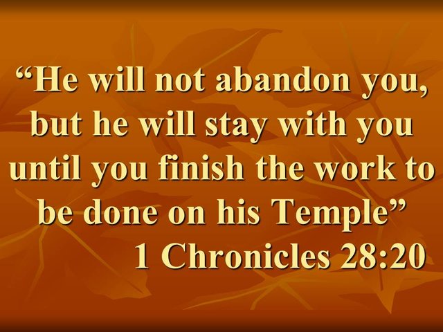 God is faithful. He will not abandon you, but he will stay with you until you finish the work to be done on his Temple. 1 Chronicles 28,20.jpg