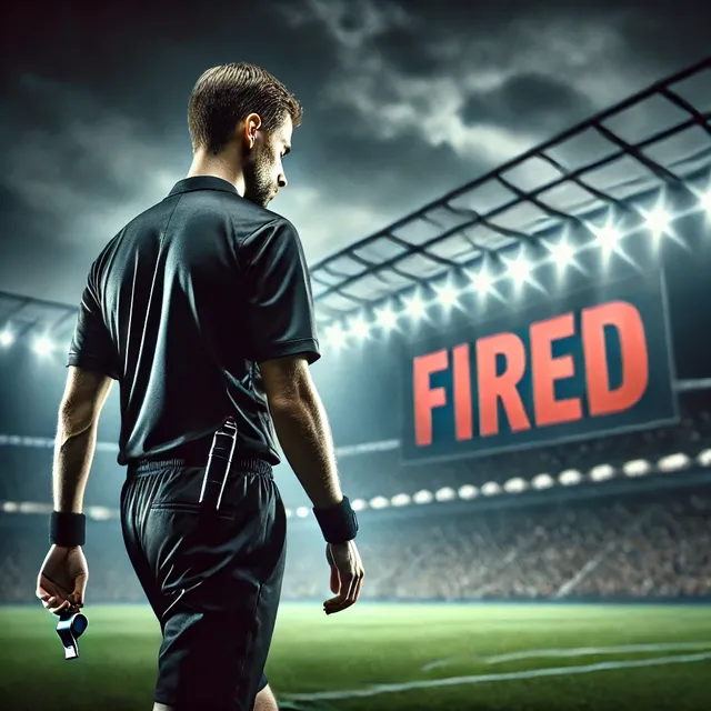 A football referee walking away from a stadium, holding his head down in shame. He wears a black referee uniform, carrying a whistle in his hand. Behi.webp