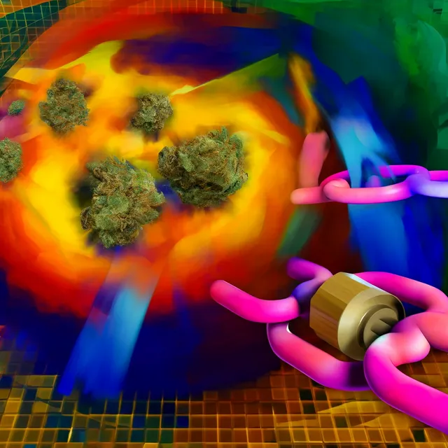 DALL·E 2024-04-02 06.44.44 - An abstract representation of THC's interaction with cancer cells, showcasing a vivid juxtaposition of colors to symbolize the complex dynamics betwee.webp