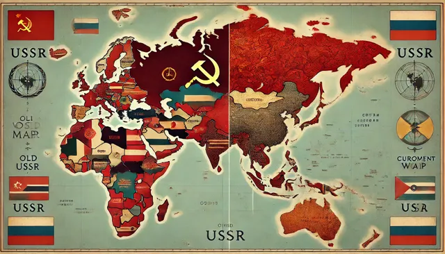 DALL·E 2024-07-18 07.08.34 - A comparative image showing the map of the old USSR and the current world map. On one side, depict the USSR map with its member countries highlighted.webp