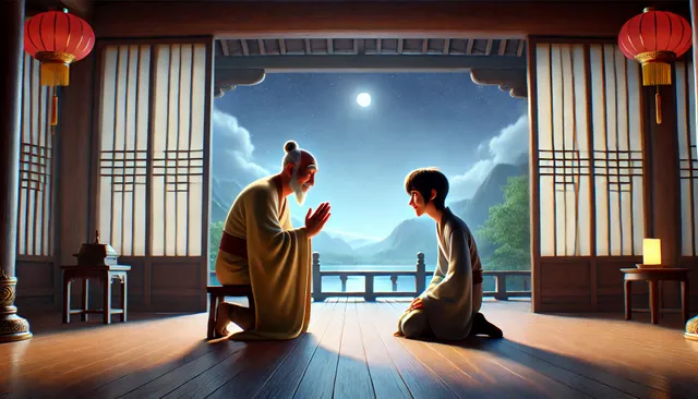 DALL·E 2024-09-08 04.40.05 - A 3D Pixar-style image of Wang Tianliang standing in a temple room, bowing deeply toward an elderly monk in a gesture of respect. Wang Tianliang's fac.webp