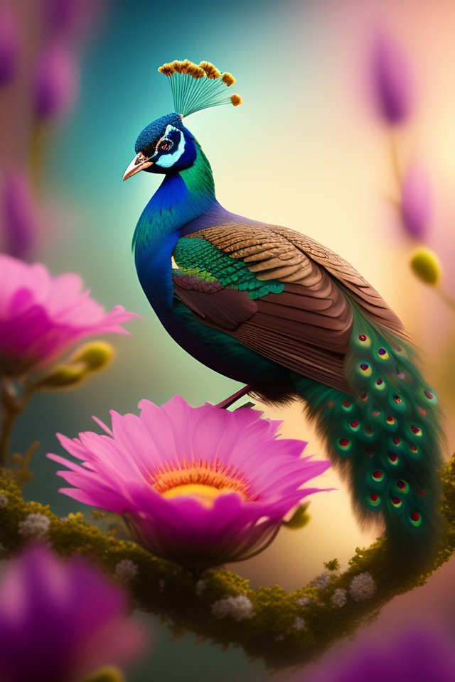 a BEAUTIFUL PEACOCK on a branch with spring flower (1).jpg