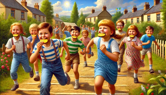 DALL·E 2025-01-15 00.40.58 - A nostalgic and lively image of children in the 1990s playing the popular childhood game of running with biscuits in their mouths. The scene shows a s.webp