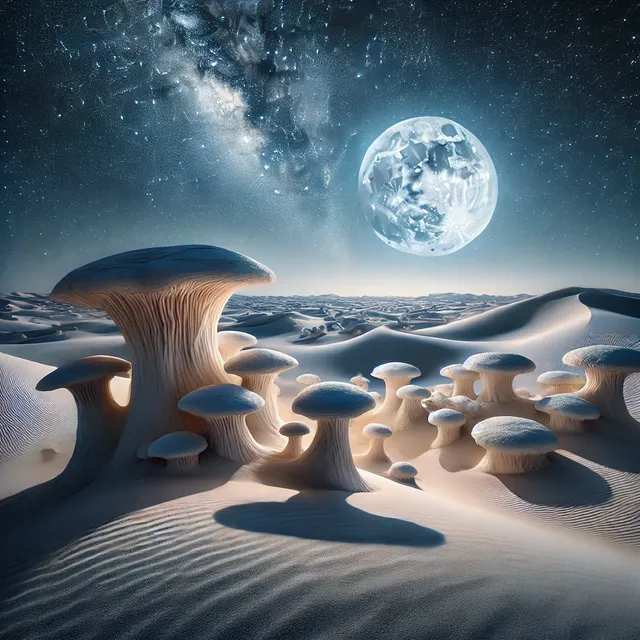 DALL·E 2024-12-31 09.08.30 - A surreal view of the White Desert in Egypt, showcasing unique white limestone formations shaped like mushrooms and animals, glowing under the moonlig.webp