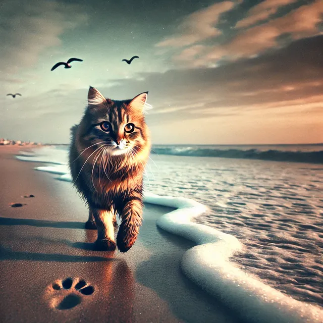 DALL·E 2025-03-10 02.42.41 - A lone cat walks along the shore of a vast ocean, its paw prints fading in the wet sand. The sky is a mix of warm sunset hues, and gentle waves roll o.webp