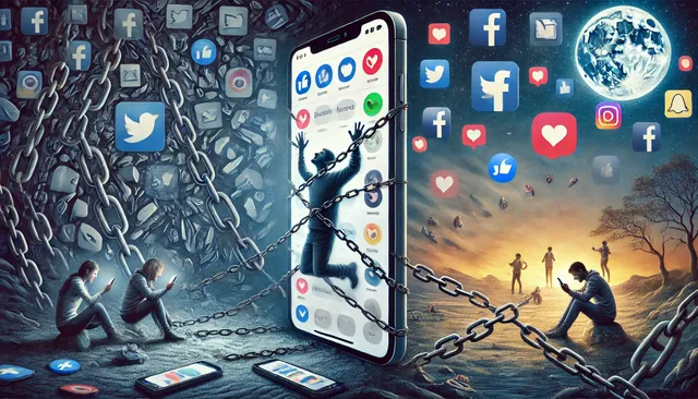 DALL·E 2025-03-09 16.24.08 - A powerful illustration depicting the impact of Facebook addiction. On the left side, a person is trapped inside a giant smartphone screen, struggling.webp